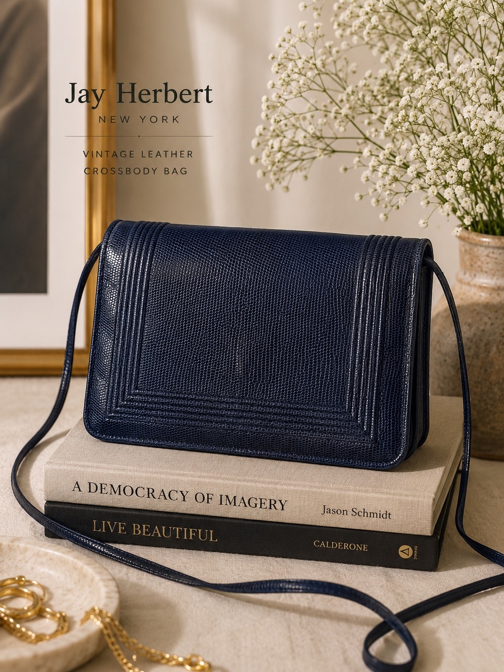 Vintage Jay Herbert New York Navy Leather Crossbody Clutch Lizard Embossed Bag